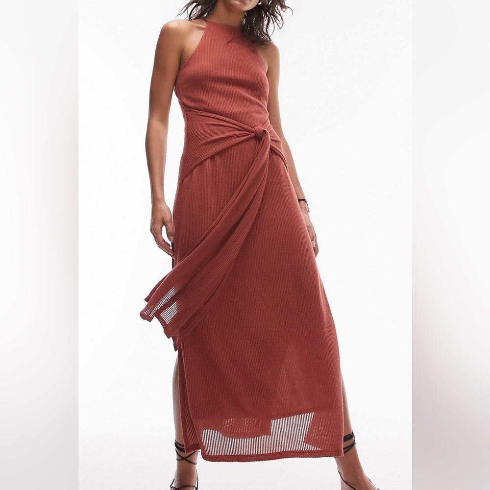 NWT Topshop Brick Red Ribbed Knit Belted High Neck Side Slit Midi Dress Size 0-2